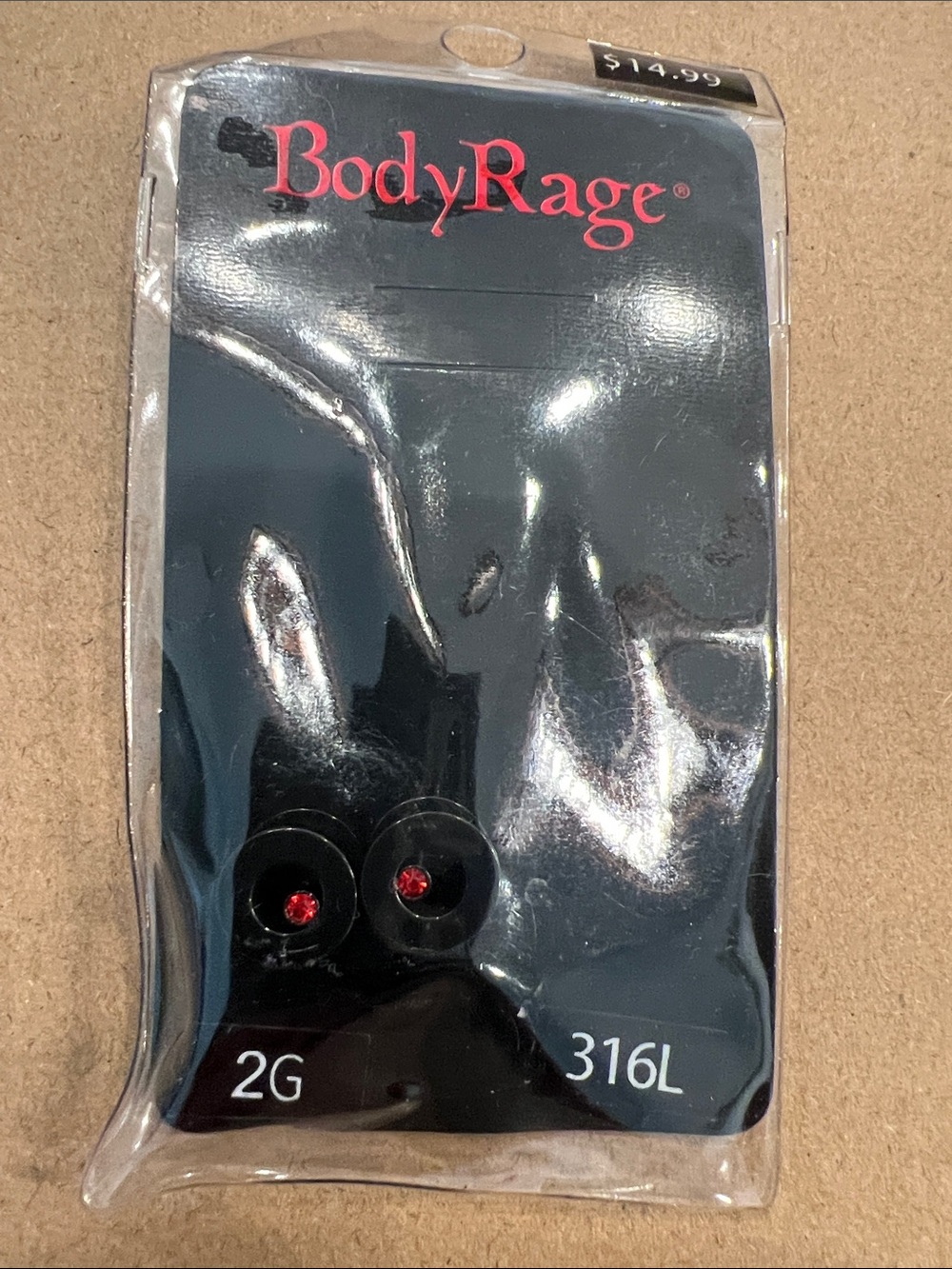 BodyRage Black 2GStainless Steel Ear Tunnels with Red Accent